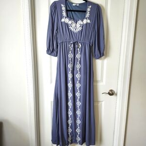 Fehrnvi Women's Blue Embroidered Maxi Dress Sz Small S
